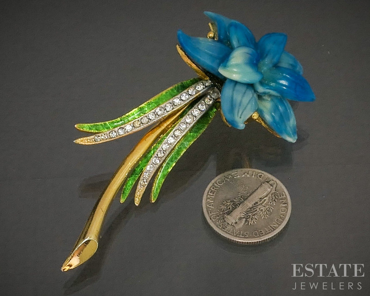 Vintage Hattie Carnegie Art Glass & Rhinestone Flower Pin Brooch p29560