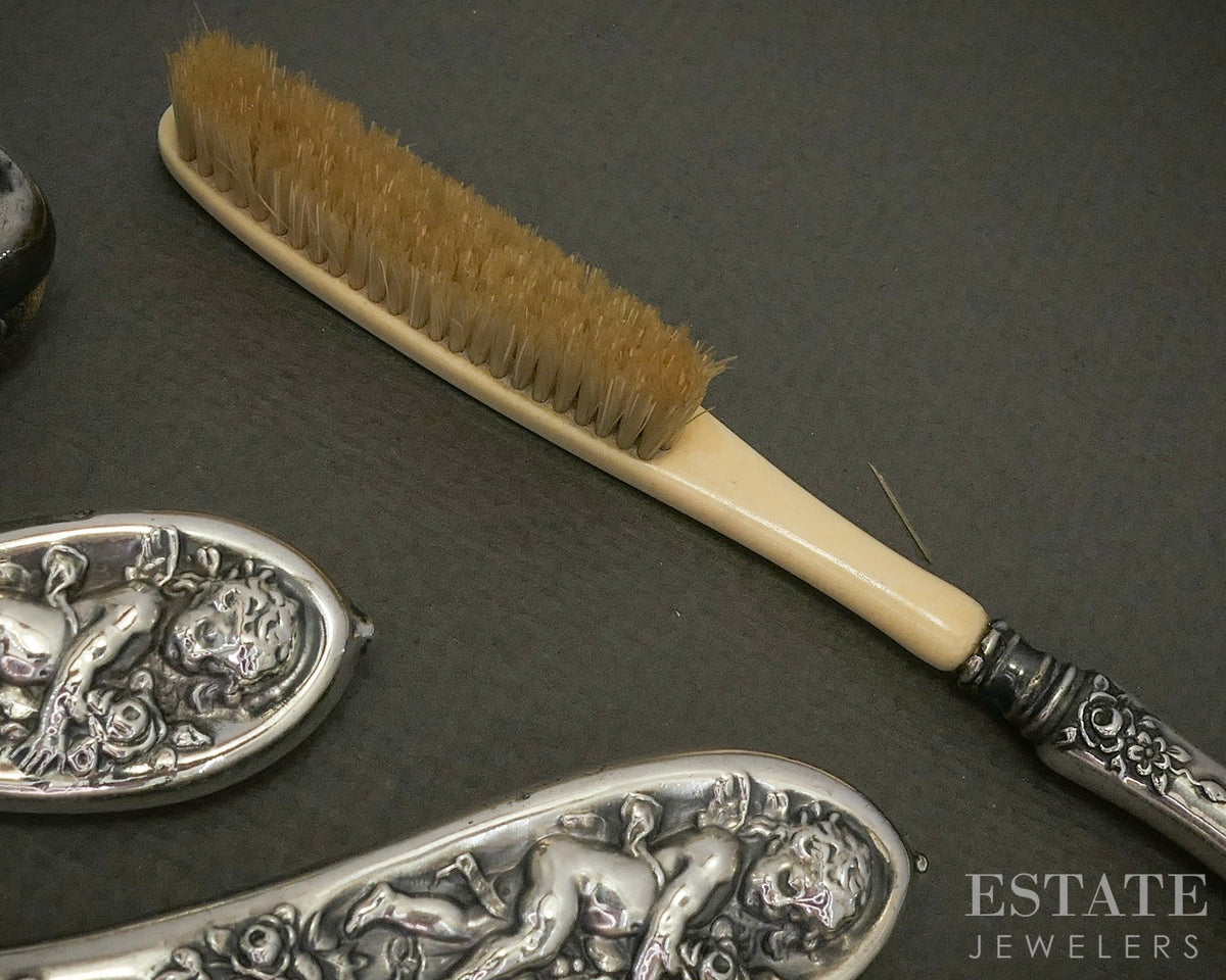 Antique Art Nouveau Sterling Woodside Sterling Co. Repousse Vanity Set p24709