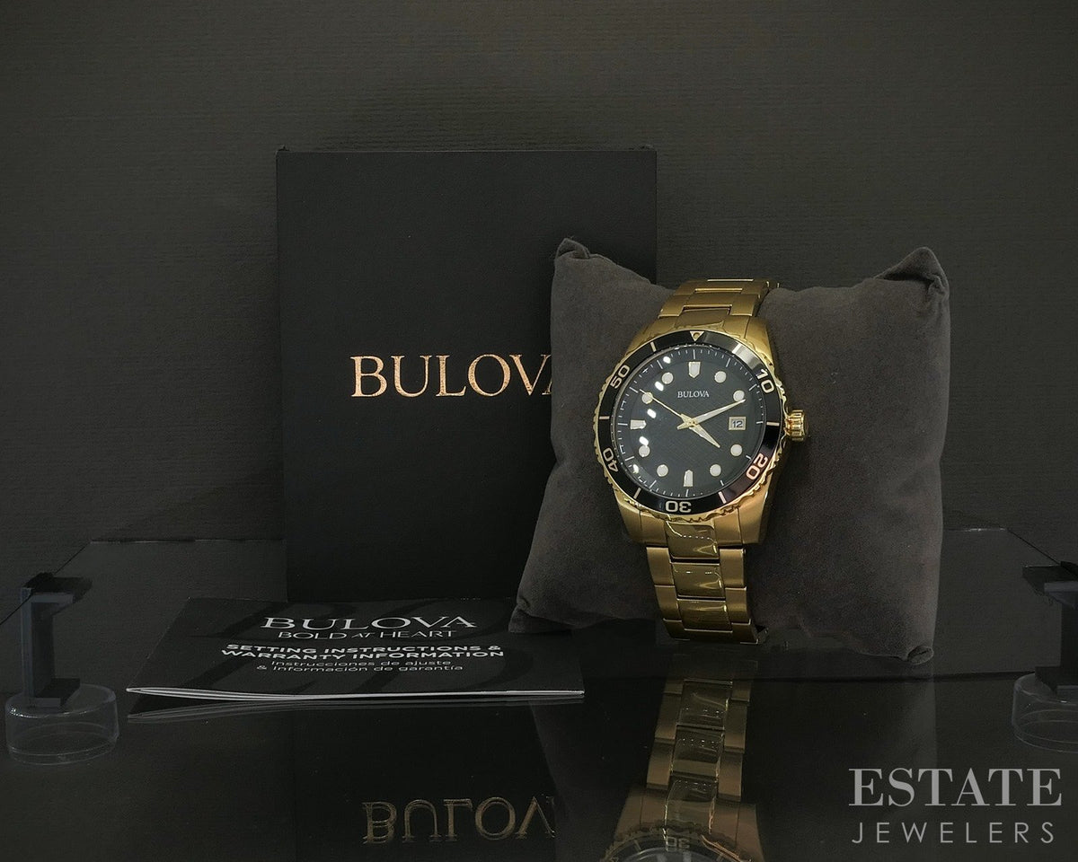 Bulova Gold Tone 98b375 Black Divers Style Stainless Mens Watch p28917