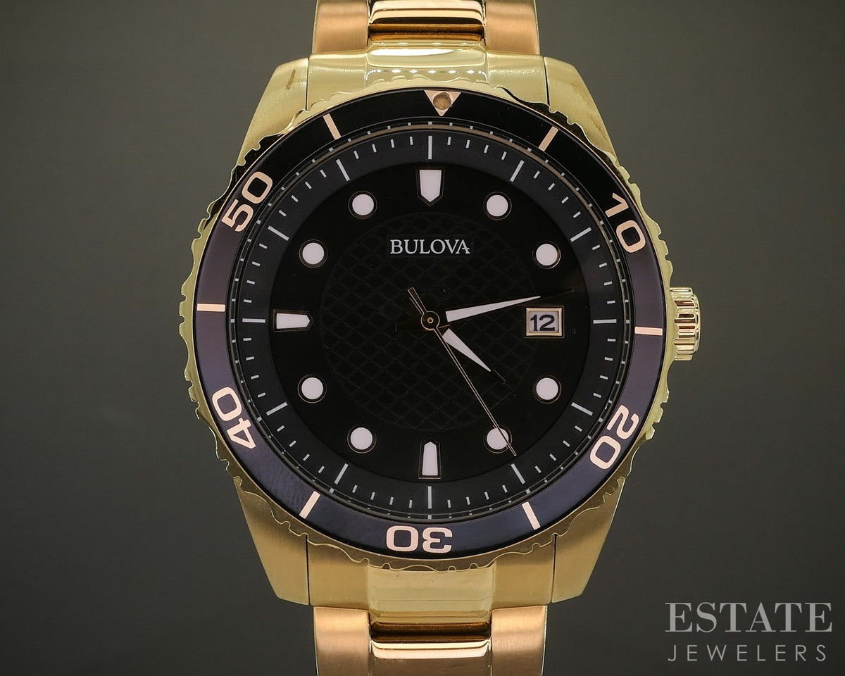 Bulova Gold Tone 98b375 Black Divers Style Stainless Mens Watch p28917