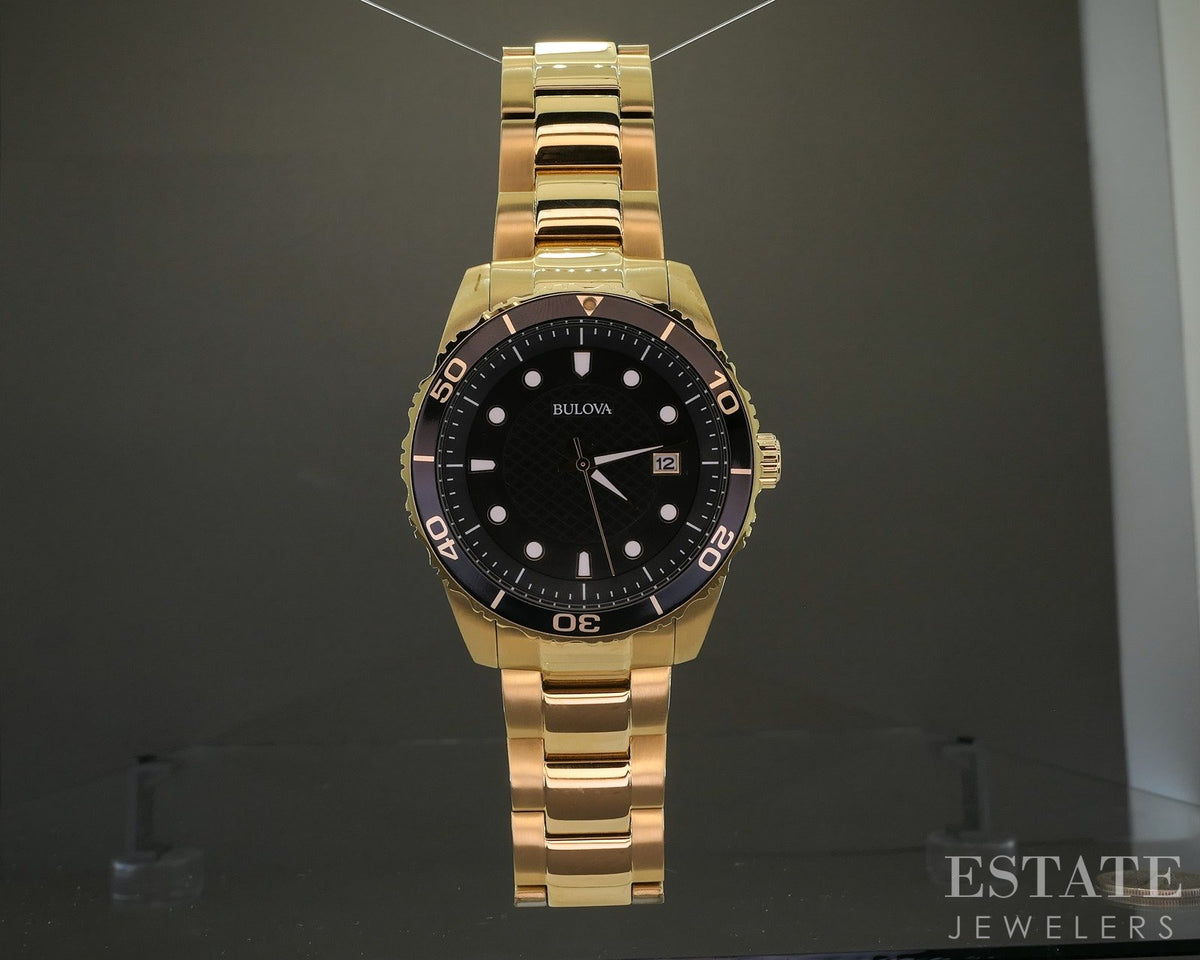 Bulova Gold Tone 98b375 Black Divers Style Stainless Mens Watch p28917