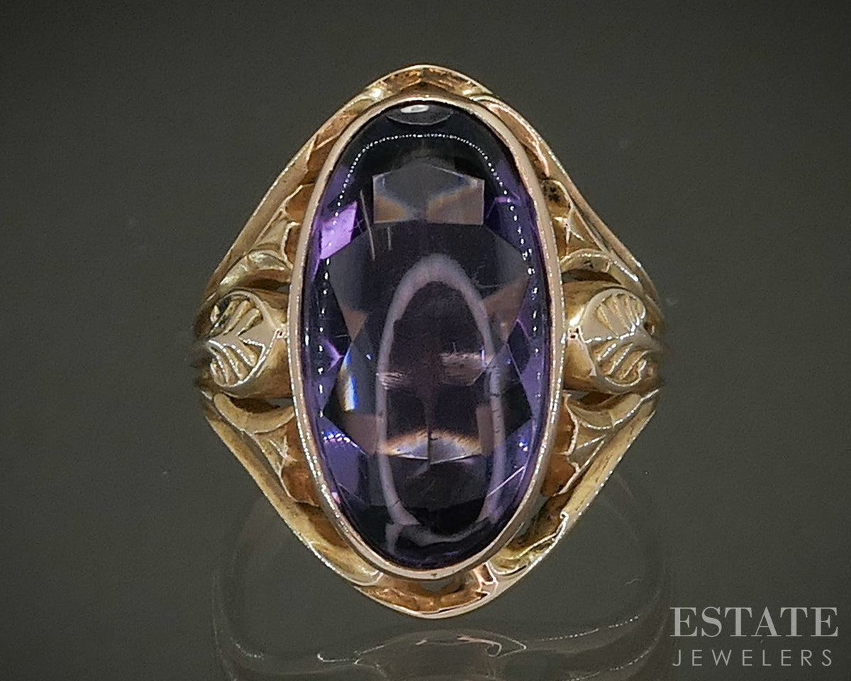 Antique Art Nouveau 10k Yellow Gold Cabochon Amethyst Ring 4.3g p28959