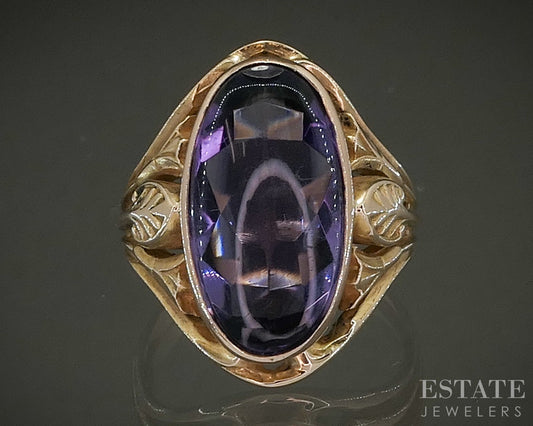 Antique Art Nouveau 10k Yellow Gold Cabochon Amethyst Ring 4.3g p28959