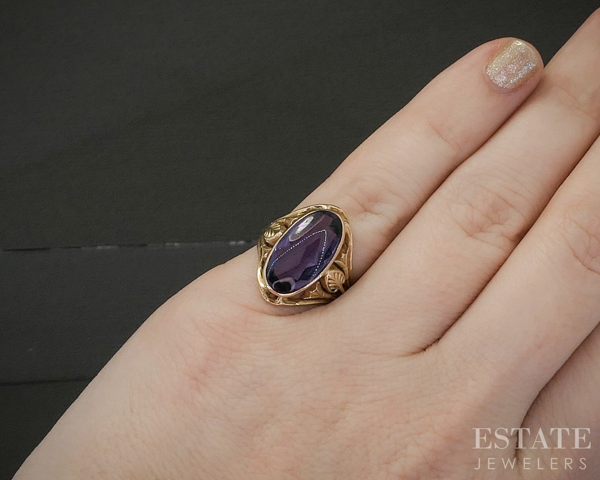 Antique Art Nouveau 10k Yellow Gold Cabochon Amethyst Ring 4.3g p28959