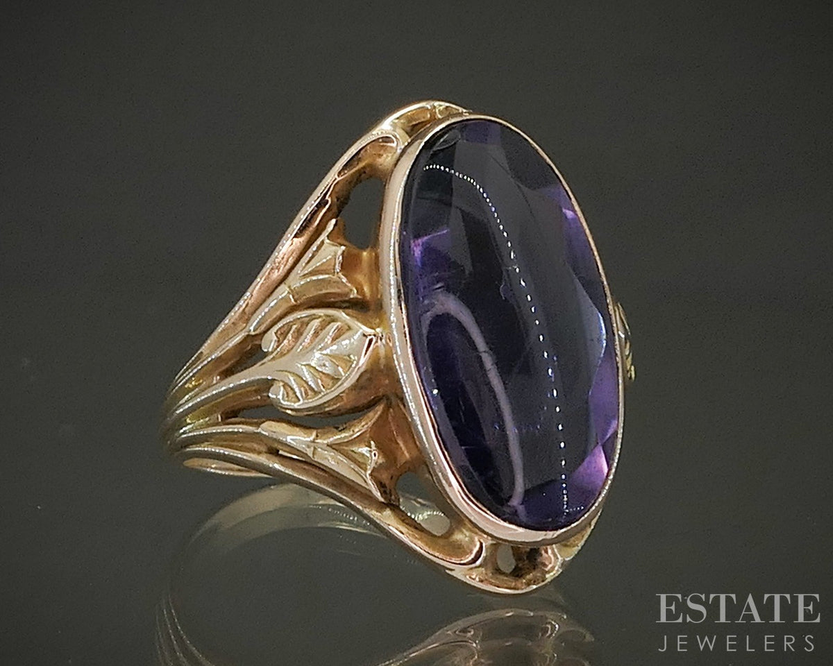 Antique Art Nouveau 10k Yellow Gold Cabochon Amethyst Ring 4.3g p28959