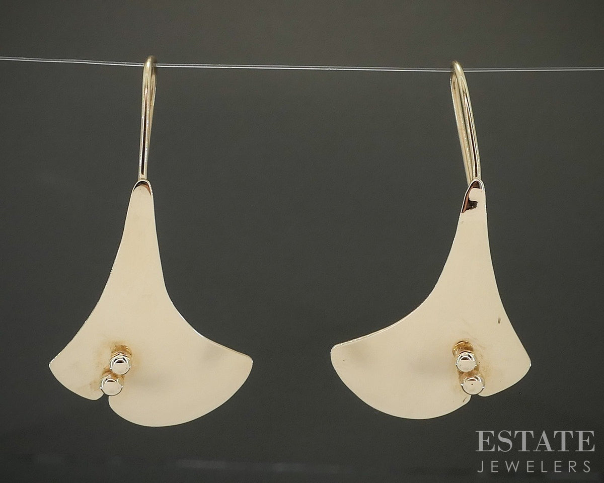 14k Yellow Gold Gingko Tree Leaf Dangle Earrings 3.8g p28496