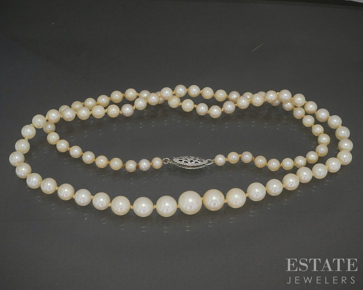 Vintage 14k White Gold 4.1-8.2mm Cultured Akoya Pearl Necklace 21"L p28572