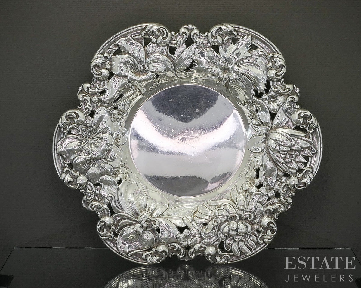 1887 Sterling Gorham A259M Floral Repousse Pierced Bowl Candy Dish 196g p29122