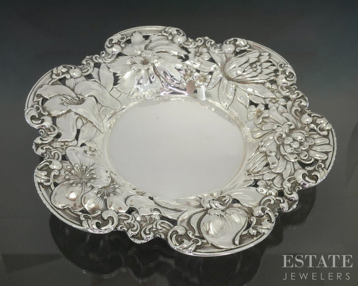 1887 Sterling Gorham A259M Floral Repousse Pierced Bowl Candy Dish 196g p29122