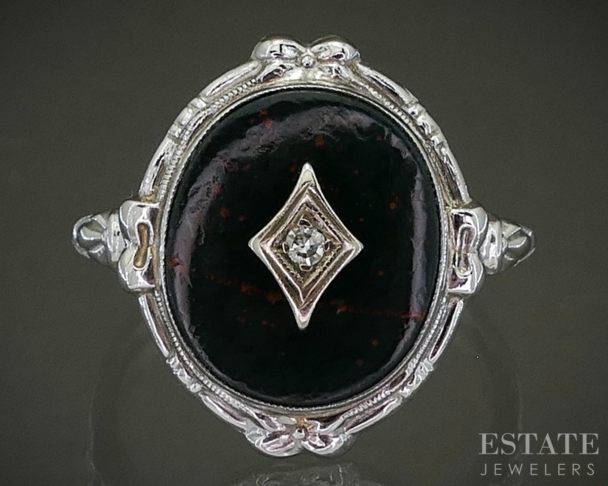 Vintage 10k White Gold Natural Bloodstone & Diamond Ladies Ring 3.7g p28708
