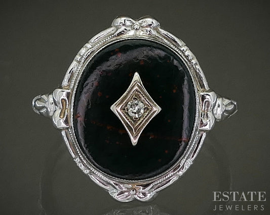 Vintage 10k White Gold Natural Bloodstone & Diamond Ladies Ring 3.7g p28708