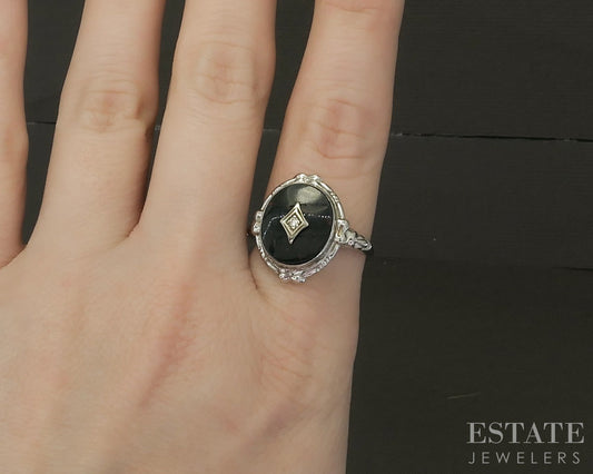 Vintage 10k White Gold Natural Bloodstone & Diamond Ladies Ring 3.7g p28708