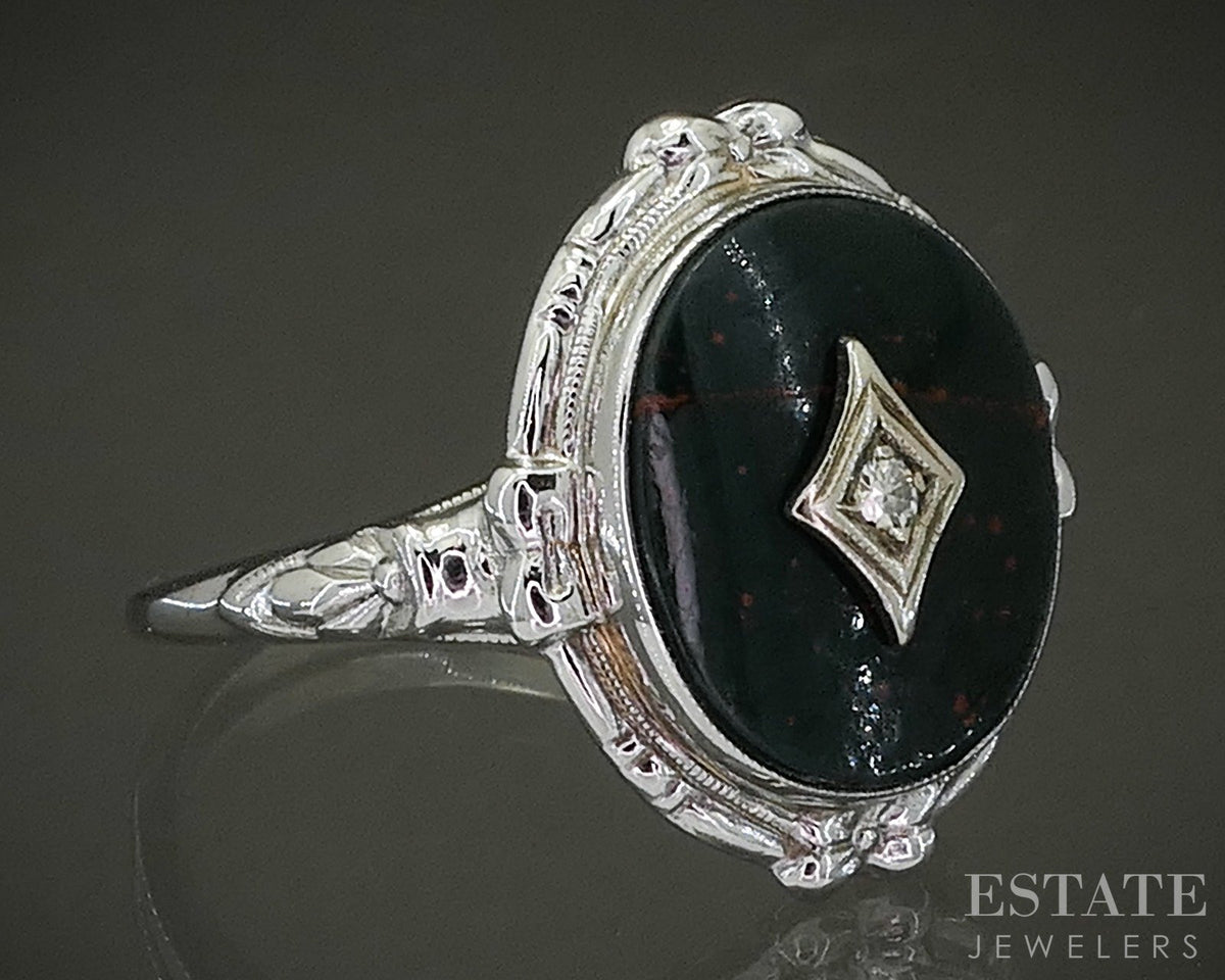 Vintage 10k White Gold Natural Bloodstone & Diamond Ladies Ring 3.7g p28708
