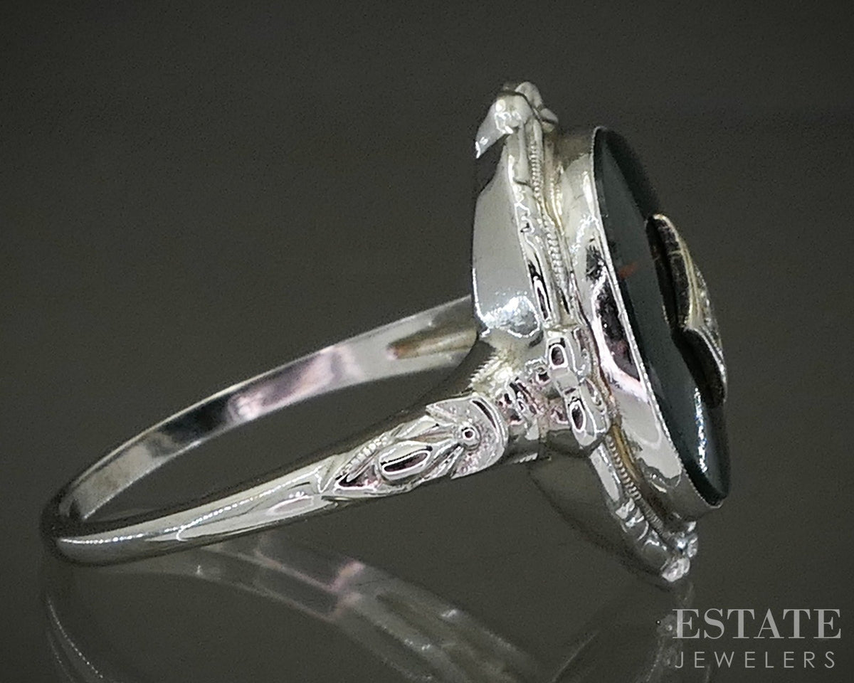 Vintage 10k White Gold Natural Bloodstone & Diamond Ladies Ring 3.7g p28708