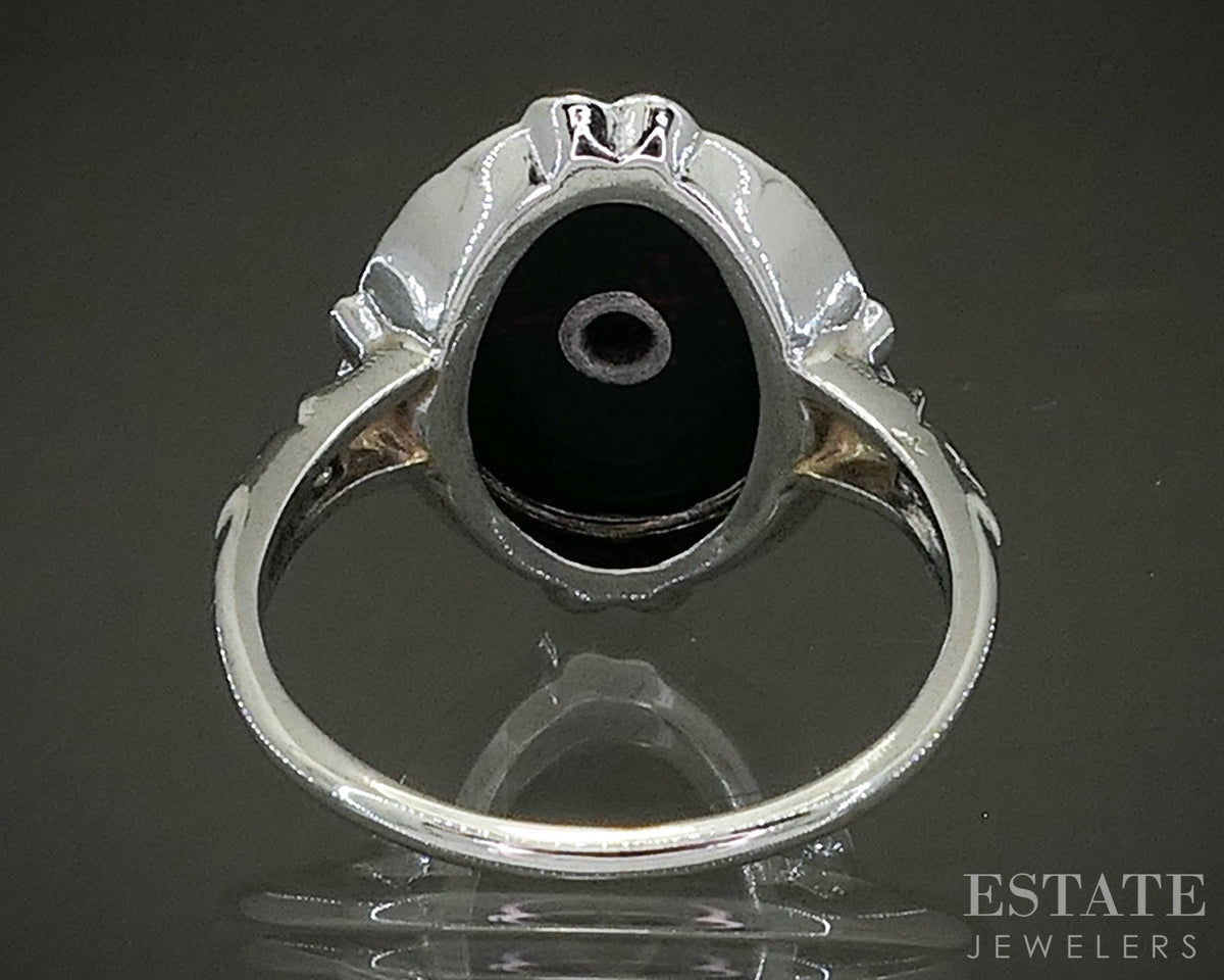 Vintage 10k White Gold Natural Bloodstone & Diamond Ladies Ring 3.7g p28708