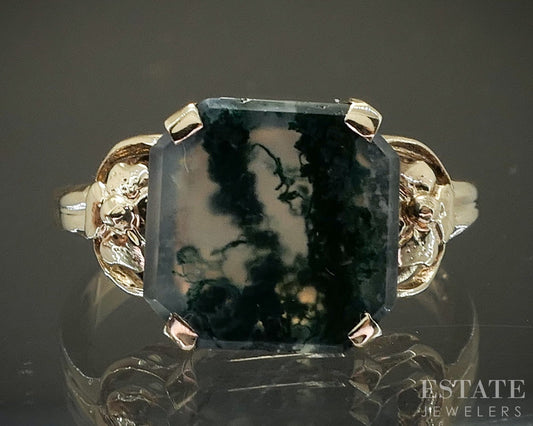 Vintage 10k Yellow Gold Natural Moss Agate Ladies Ring 2.1g p28497