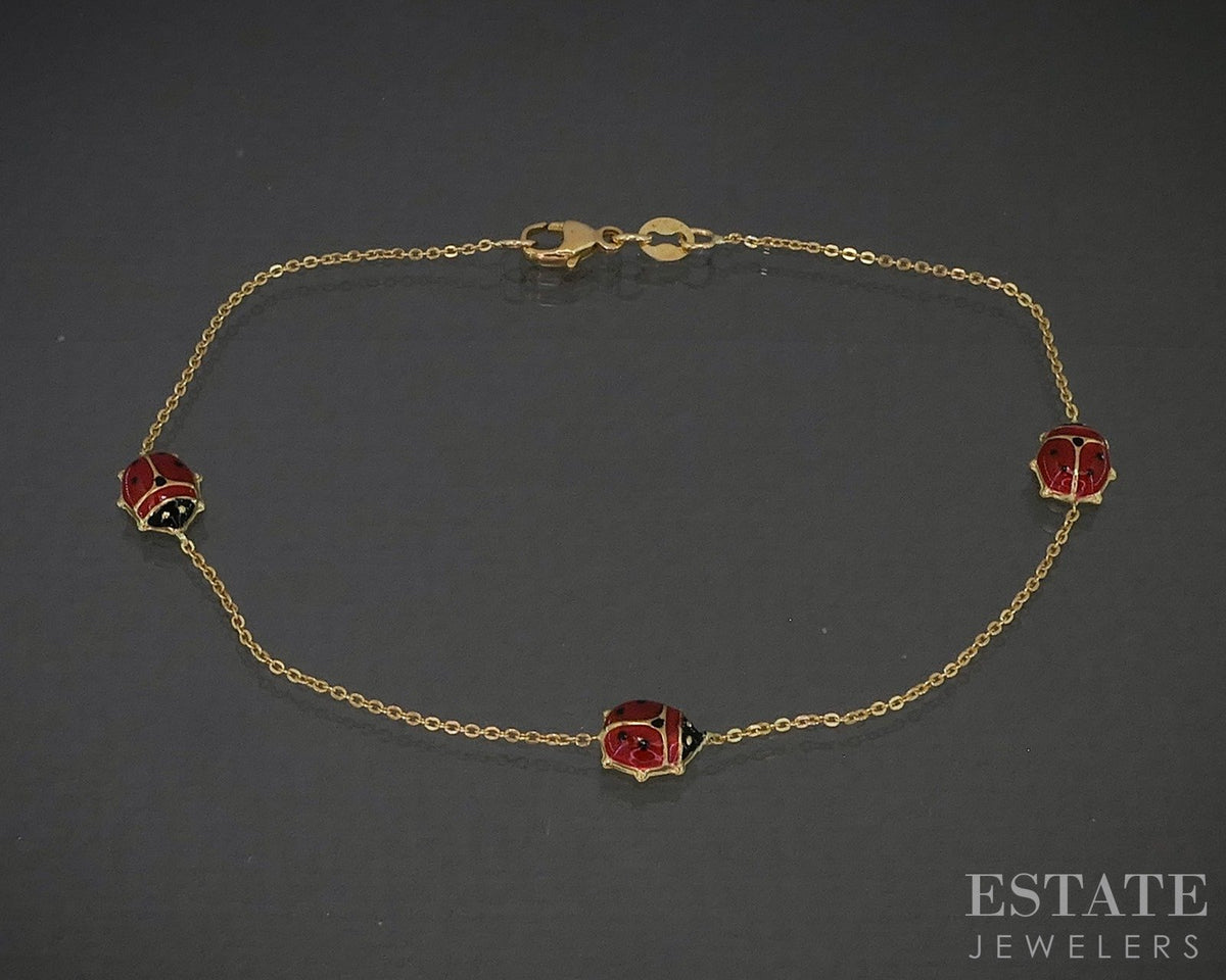 18k Yellow Gold Enameled Ladybug Ladies Bracelet 1.3g 7.25"L p28915