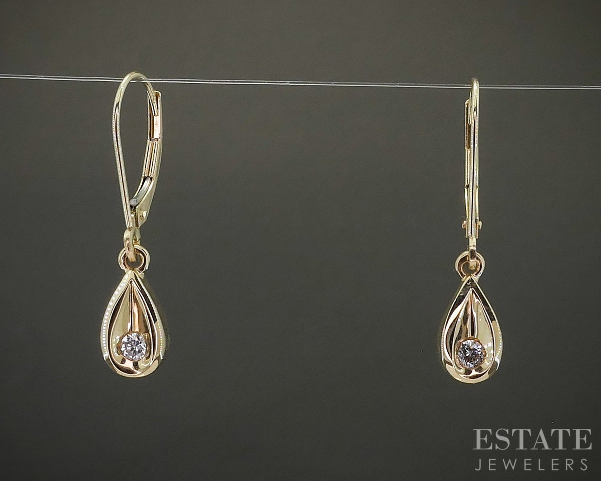 14k Yellow Gold Natural .09ctw Diamond Teardrop Dangle Earrings 2.1g p28707