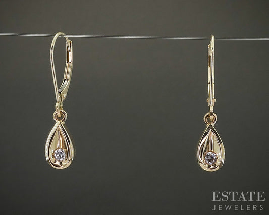 14k Yellow Gold Natural .09ctw Diamond Teardrop Dangle Earrings 2.1g p28707
