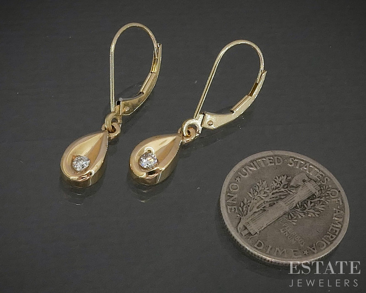14k Yellow Gold Natural .09ctw Diamond Teardrop Dangle Earrings 2.1g p28707