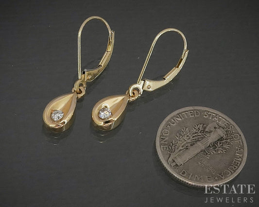 14k Yellow Gold Natural .09ctw Diamond Teardrop Dangle Earrings 2.1g p28707