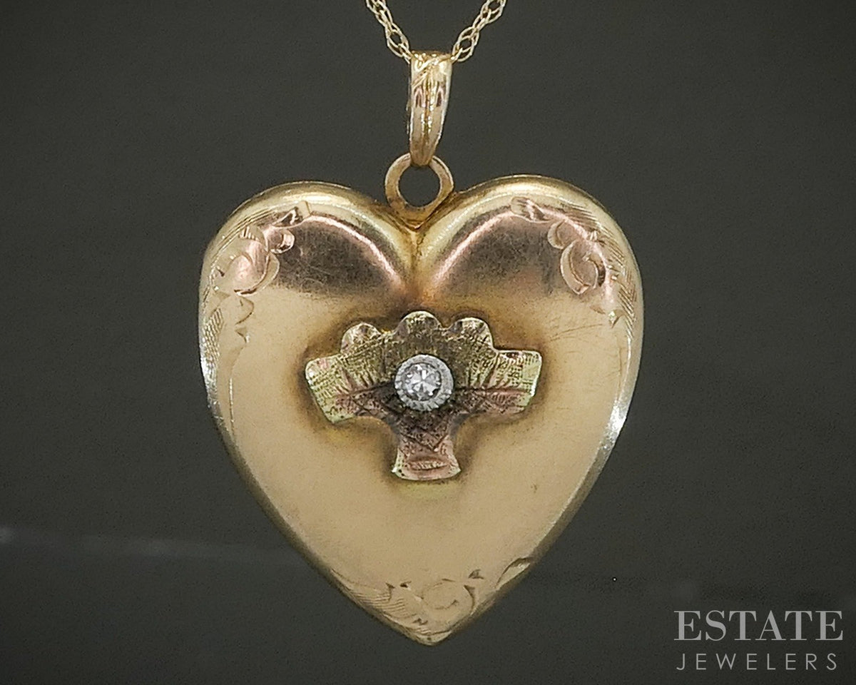 Vintage 10k Yellow Gold Natural Diamond Heart Locket Necklace 3.0g p28736