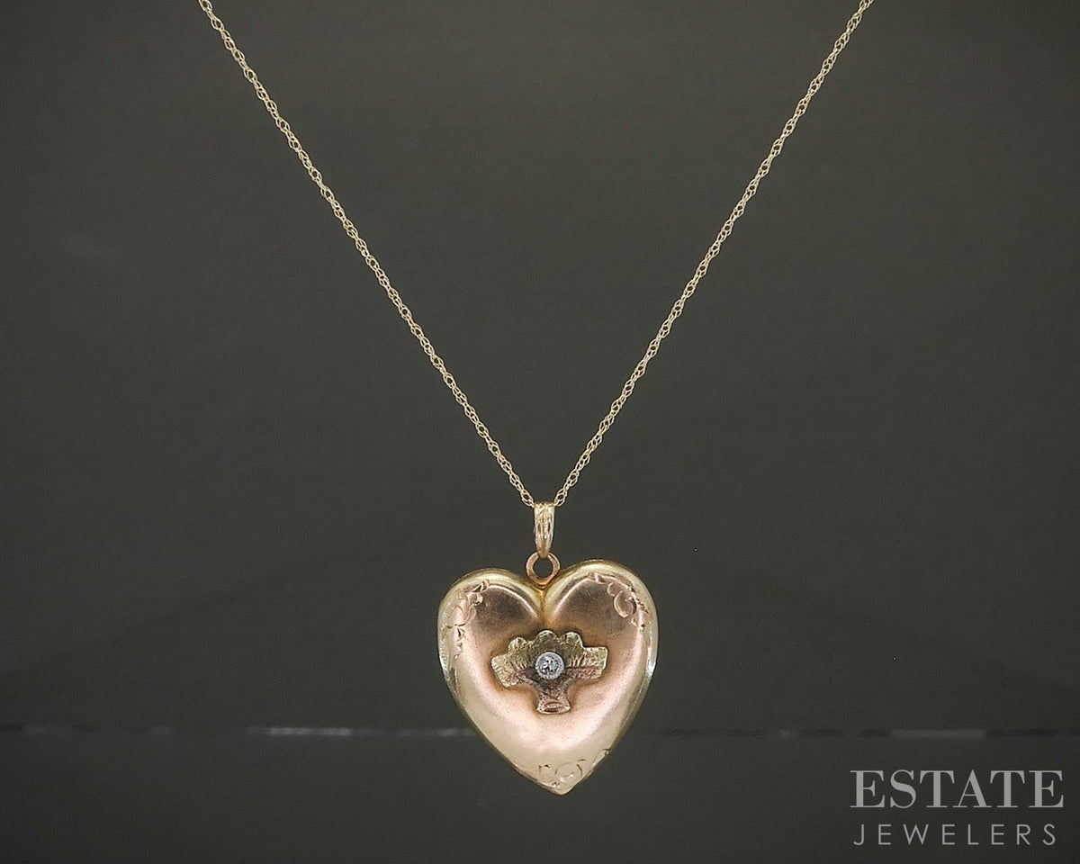 Vintage 10k Yellow Gold Natural Diamond Heart Locket Necklace 3.0g p28736