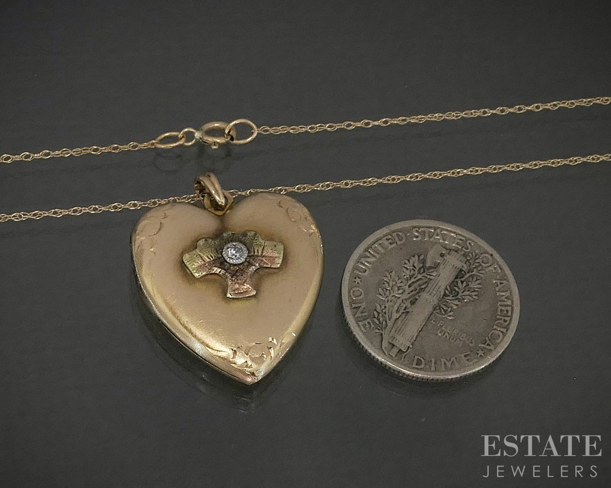Vintage 10k Yellow Gold Natural Diamond Heart Locket Necklace 3.0g p28736