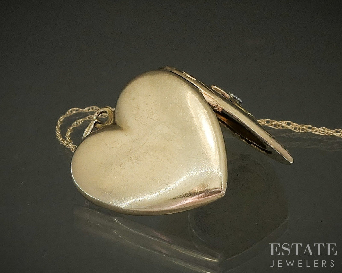 Vintage 10k Yellow Gold Natural Diamond Heart Locket Necklace 3.0g p28736