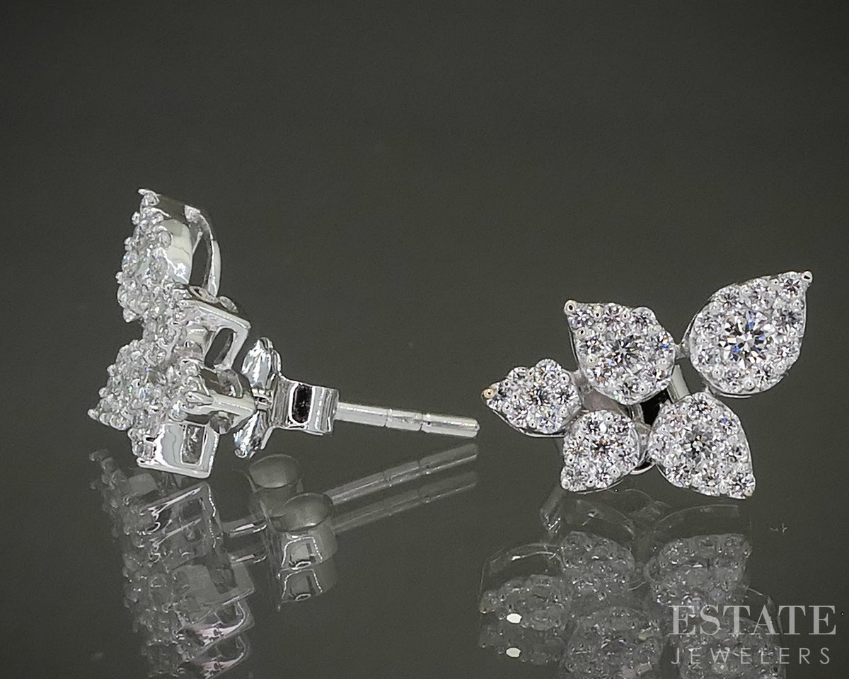 14k White Gold Lab Created .57ctw Diamond Cluster Stud Leaf Earrings p26782