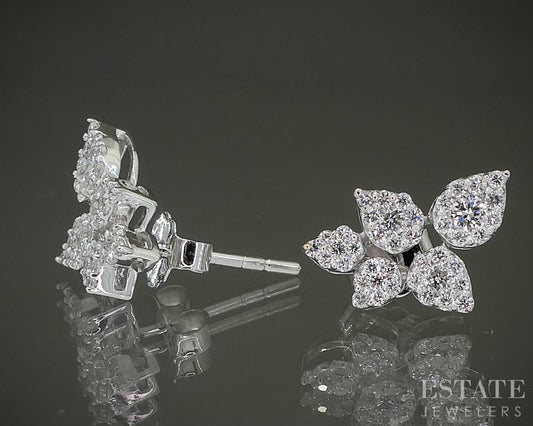 14k White Gold Lab Created .57ctw Diamond Cluster Stud Leaf Earrings p26782