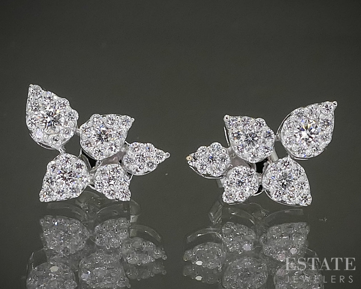 14k White Gold Lab Created .57ctw Diamond Cluster Stud Leaf Earrings p26782