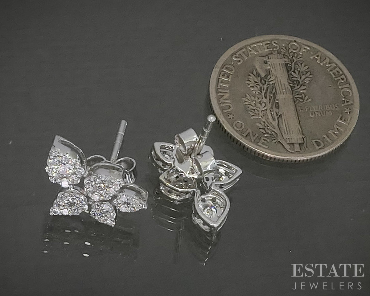 14k White Gold Lab Created .57ctw Diamond Cluster Stud Leaf Earrings p26782