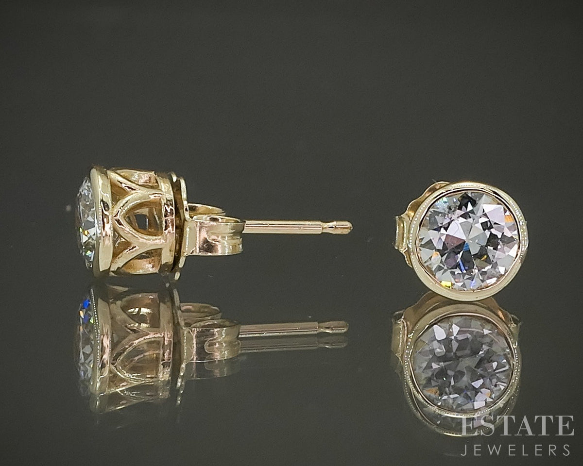 14k Yellow Gold OEC Natural .69ctw Diamond Bezel Stud Earrings 1.3g p29689