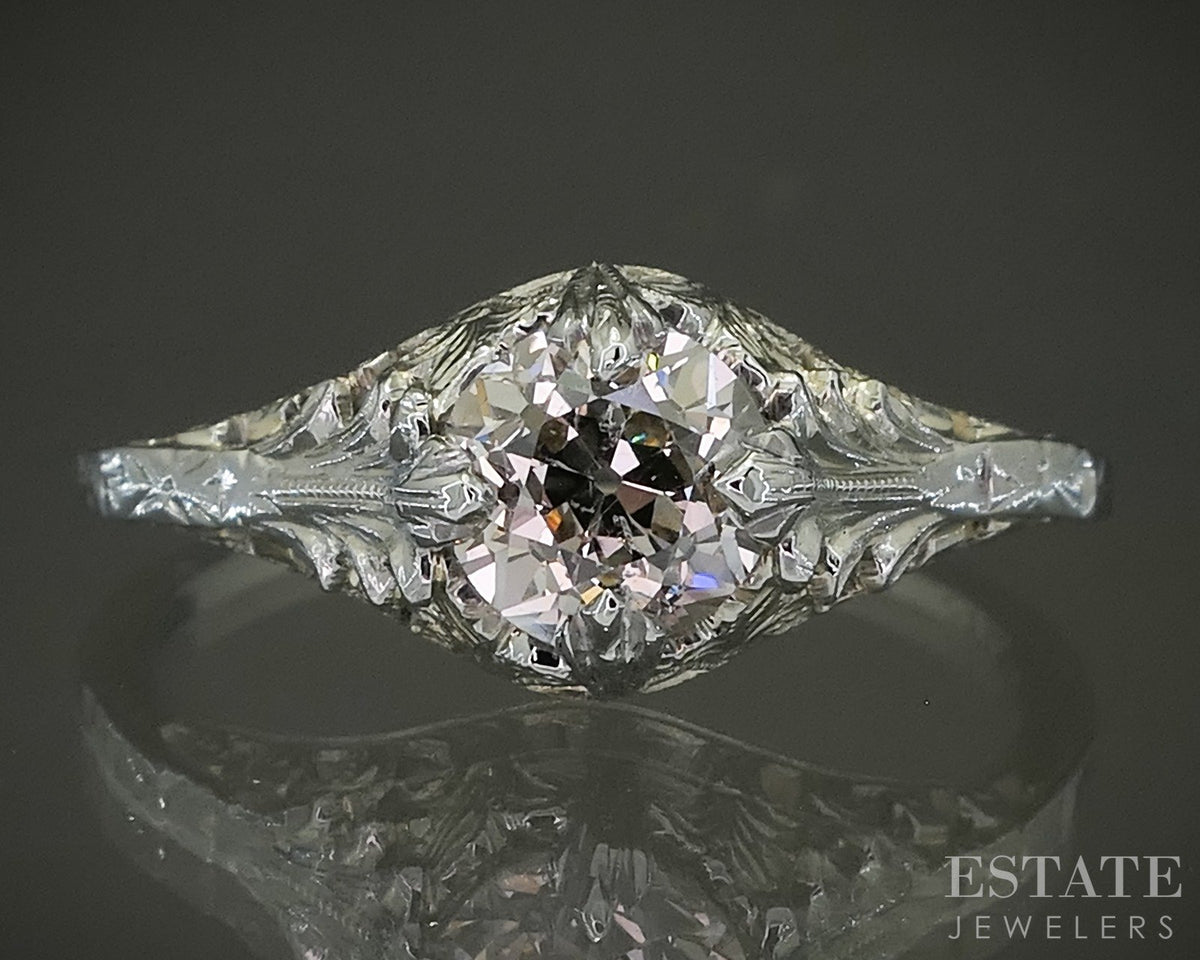 Antique 18k White Gold OEC Natural .89ct Diamond Filigree Solitaire Ring p25807