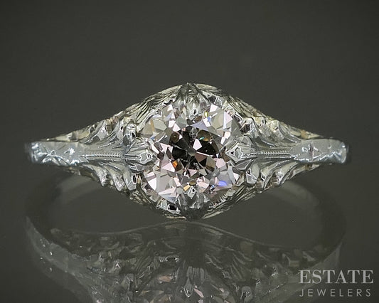 Antique 18k White Gold OEC Natural .89ct Diamond Filigree Solitaire Ring p25807