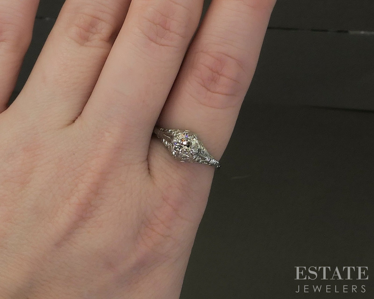 Antique 18k White Gold OEC Natural .89ct Diamond Filigree Solitaire Ring p25807