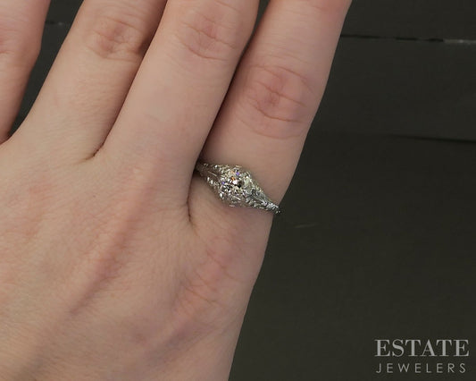 Antique 18k White Gold OEC Natural .89ct Diamond Filigree Solitaire Ring p25807