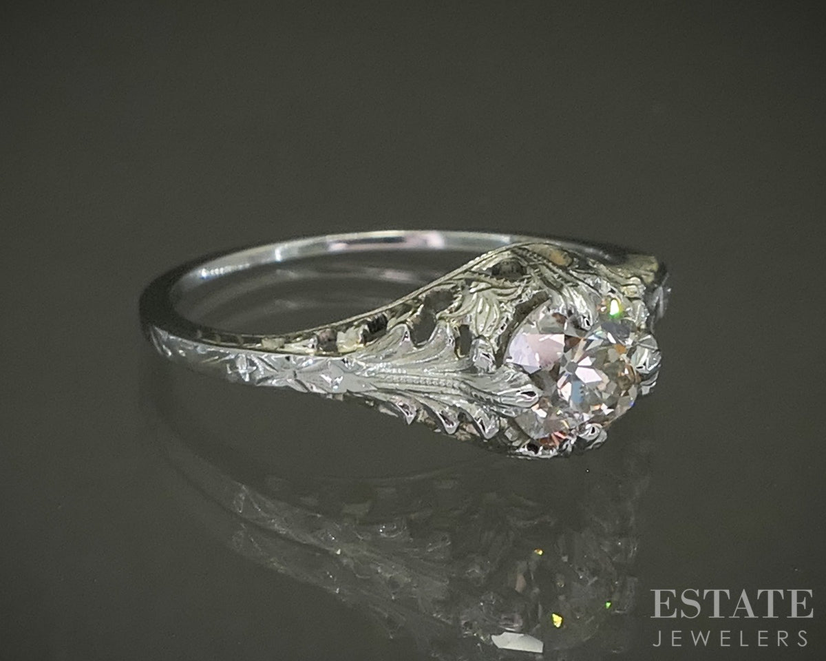 Antique 18k White Gold OEC Natural .89ct Diamond Filigree Solitaire Ring p25807