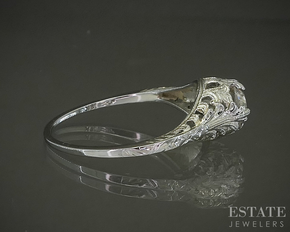 Antique 18k White Gold OEC Natural .89ct Diamond Filigree Solitaire Ring p25807