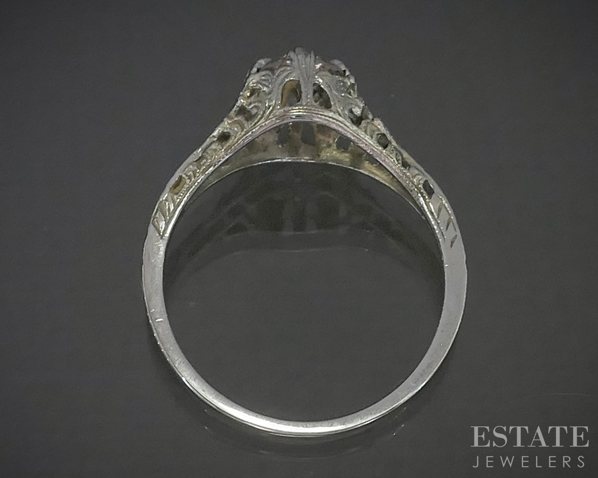 Antique 18k White Gold OEC Natural .89ct Diamond Filigree Solitaire Ring p25807
