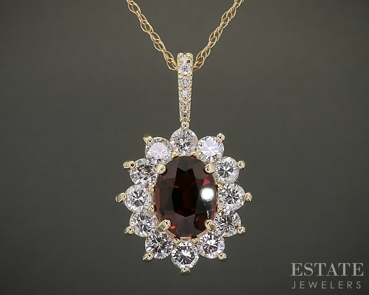 14k Yellow Gold Oval Natural Garnet & 1.20ctw Diamond Necklace 3.4g 18"L p27085