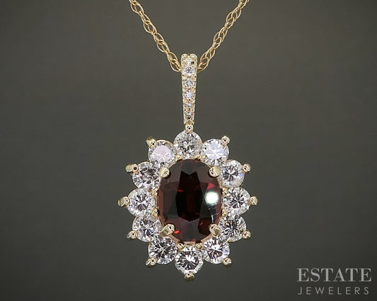 14k Yellow Gold Oval Natural Garnet & 1.20ctw Diamond Necklace 3.4g 18"L p27085