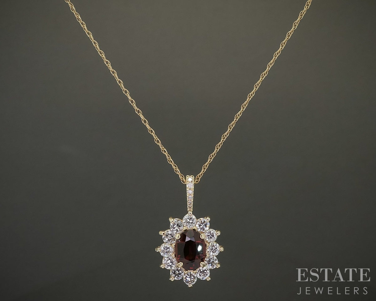 14k Yellow Gold Oval Natural Garnet & 1.20ctw Diamond Necklace 3.4g 18"L p27085