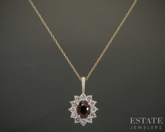 14k Yellow Gold Oval Natural Garnet & 1.20ctw Diamond Necklace 3.4g 18"L p27085