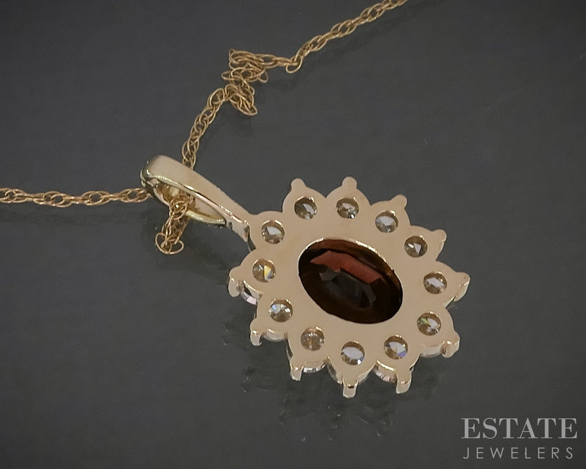 14k Yellow Gold Oval Natural Garnet & 1.20ctw Diamond Necklace 3.4g 18"L p27085