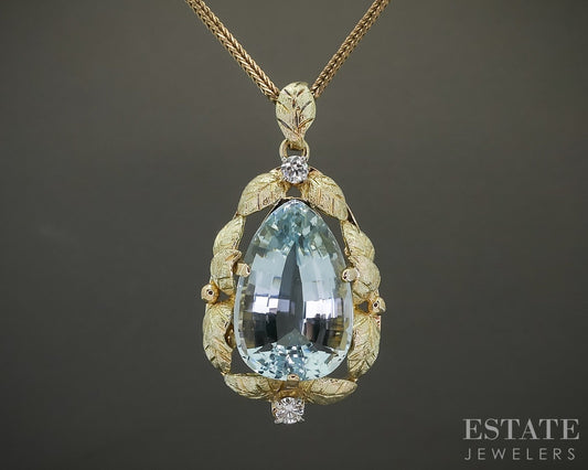 Vintage 18k Yellow Gold Natural Aquamarine & Diamond Necklace 11.8g 20"L p28981