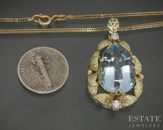 Vintage 18k Yellow Gold Natural Aquamarine & Diamond Necklace 11.8g 20"L p28981