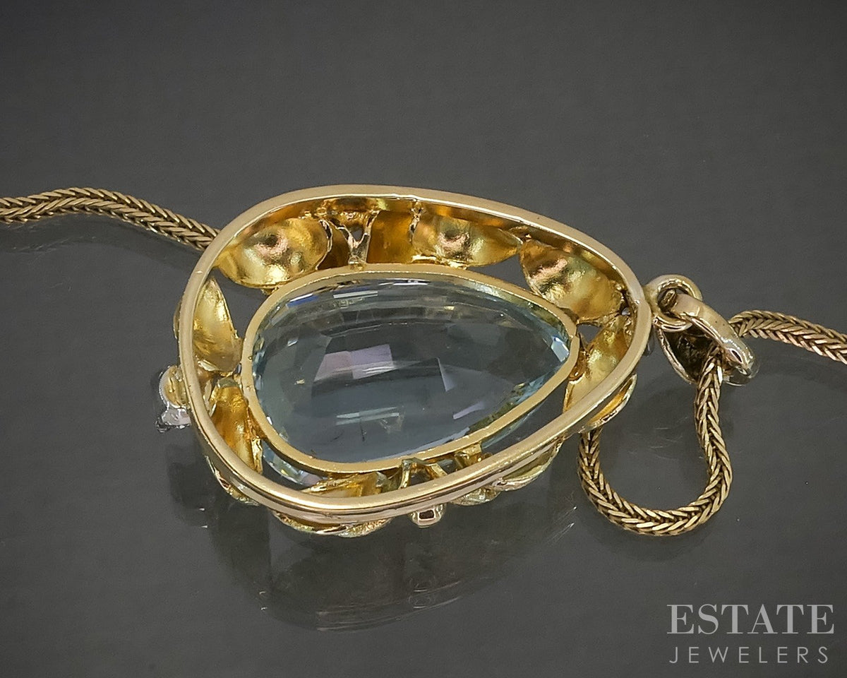 Vintage 18k Yellow Gold Natural Aquamarine & Diamond Necklace 11.8g 20"L p28981
