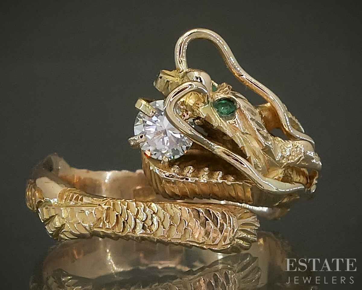 Vintage 14k Yellow Gold Natural Emerald & Diamond Dragon Wrap Ring 5.7g p27468